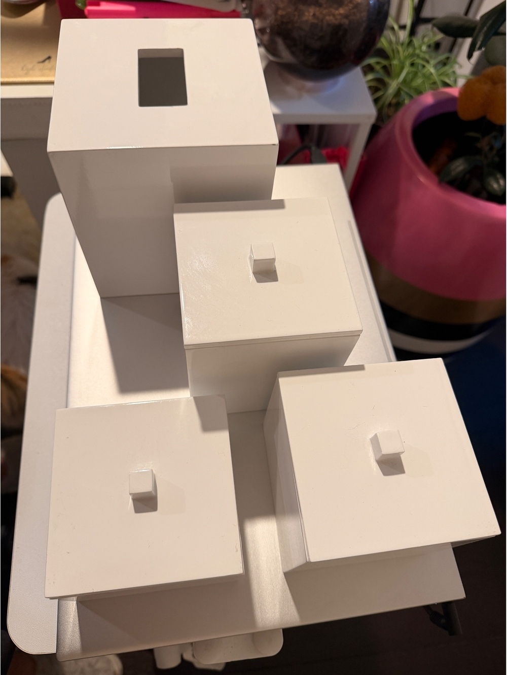 The Container Store White Lacquer Tissue Box Cover + Canisters